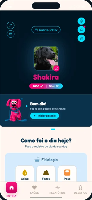 Tela Rotina do app AIOdog, com o perfil da cadela Shakira e o registro do dia
